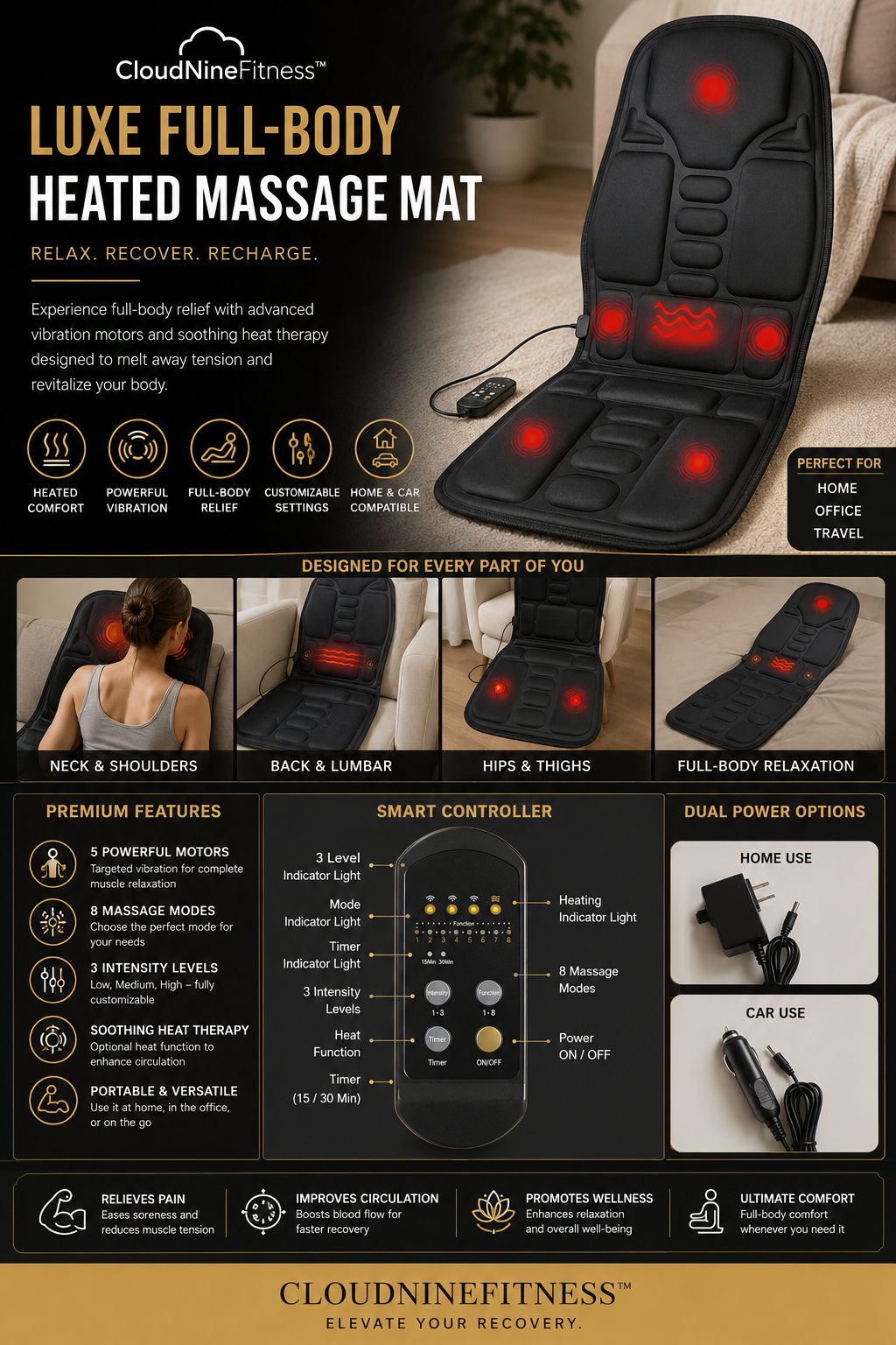 CloudNineFitness™ Luxe Full-Body Heated Massage Mat